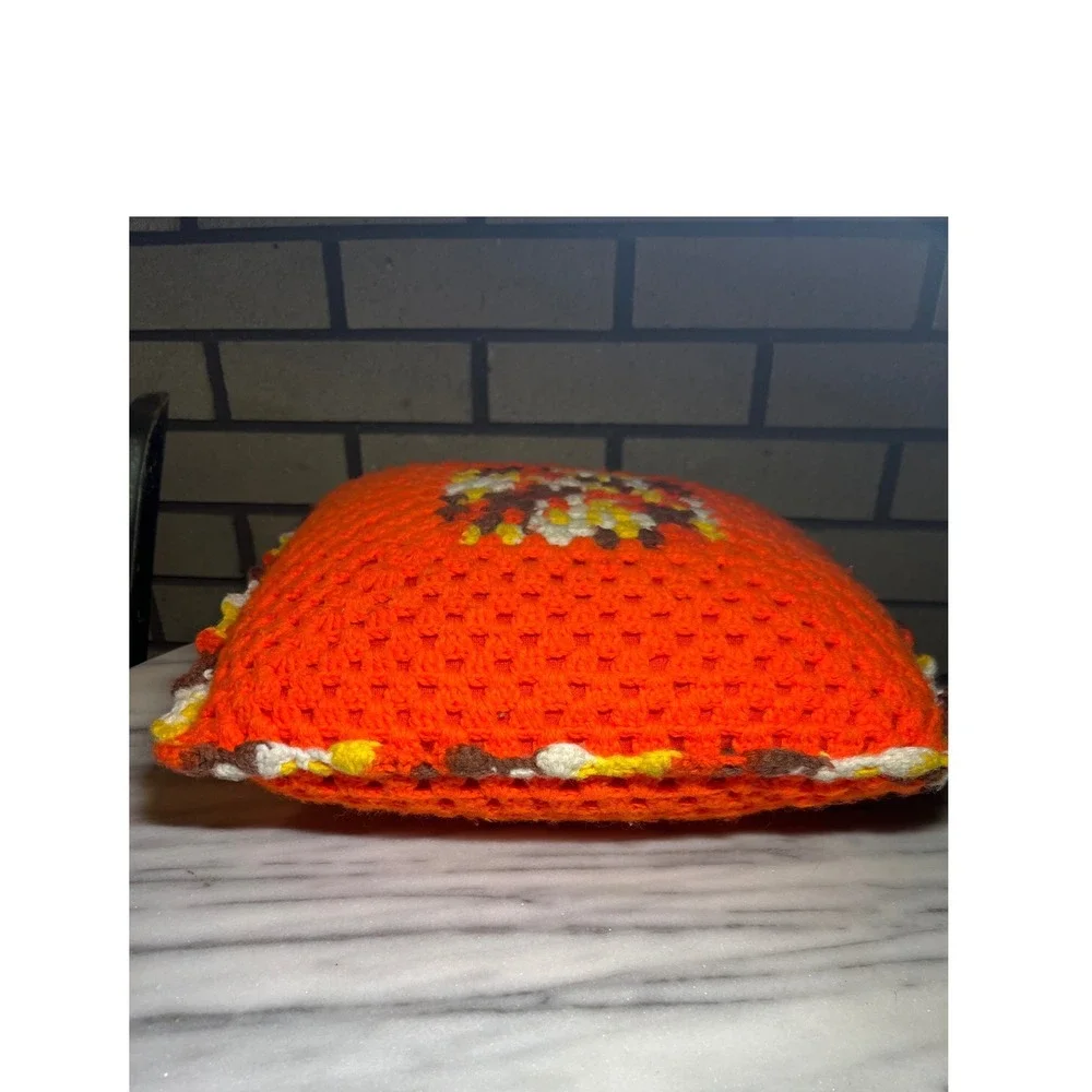 Vintage Handmade Crochet Granny Square Throw Pillow Orange Retro 70s Boho Decor